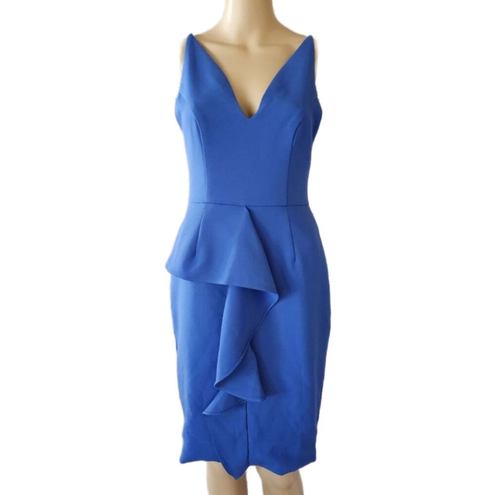 Shilla The Label Asymmetric Ruffle V-Neck Sheath Dress Blue - Small NWT